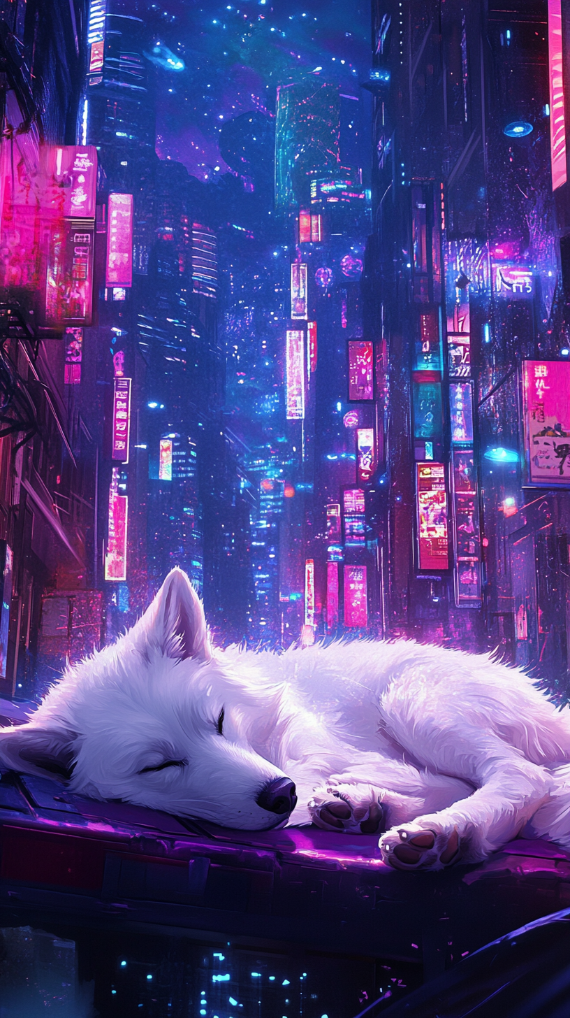 White dog resting in beautiful night with neon lights.