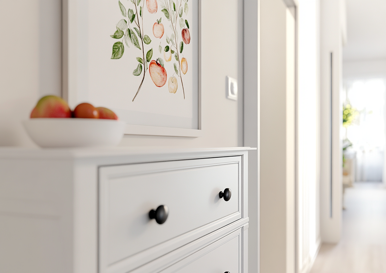 White dresser with child's drawing of apples and honey.