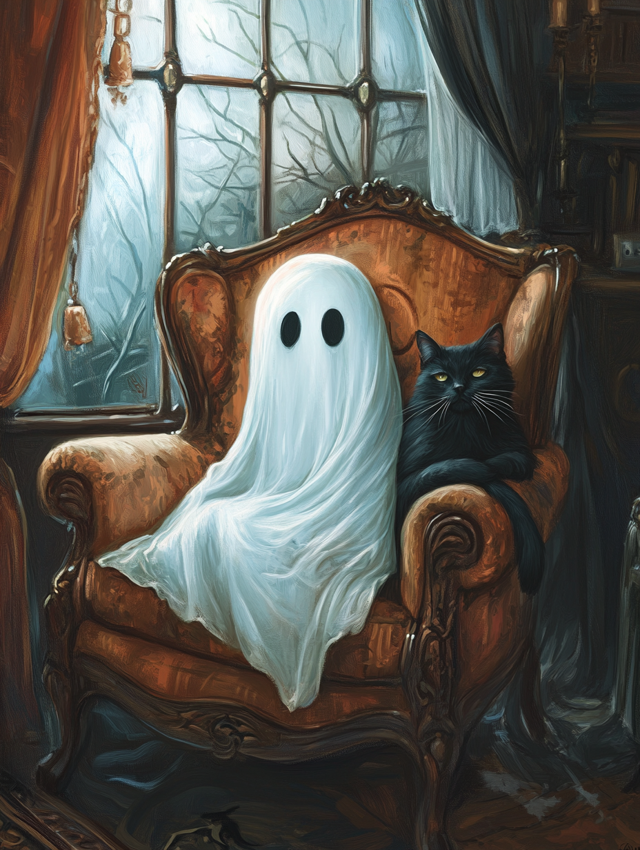 White ghost and black cat in Victorian armchair 