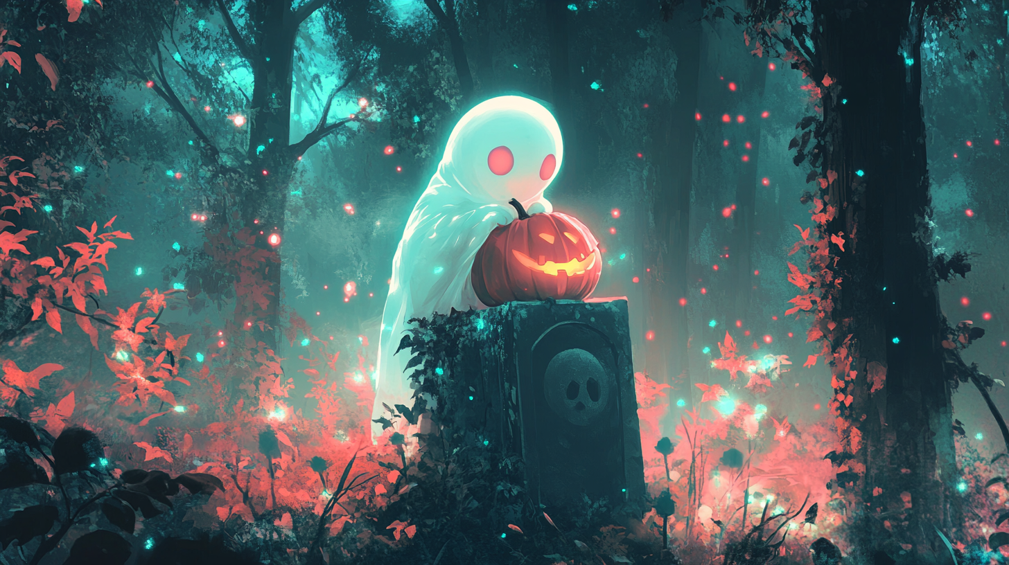 White ghost with pumpkin on gravestone, Disney aesthetic