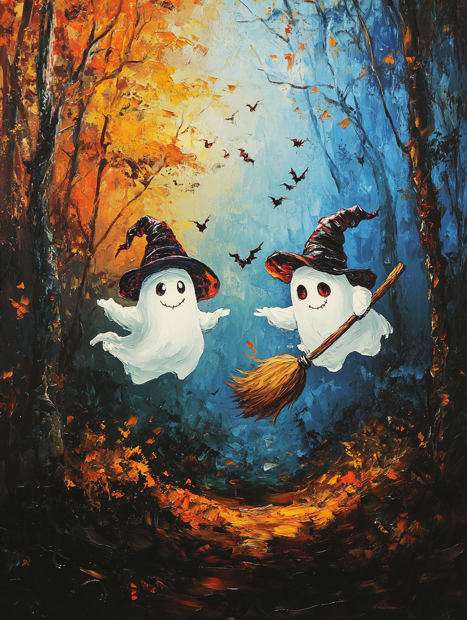 White ghosts on broomstick in autumn forest, oil painting