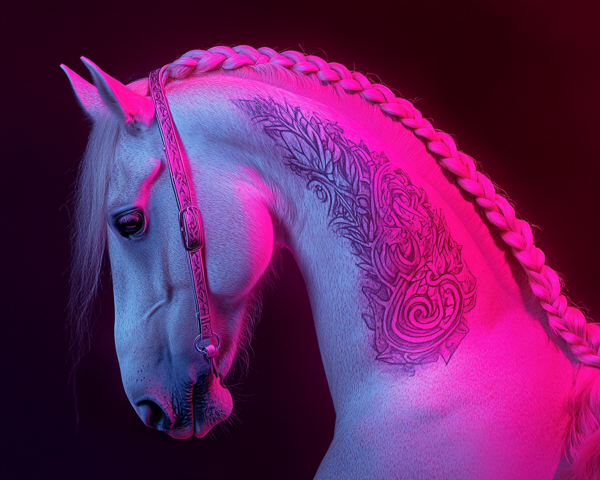 White horse with glowing tattoos on dark background