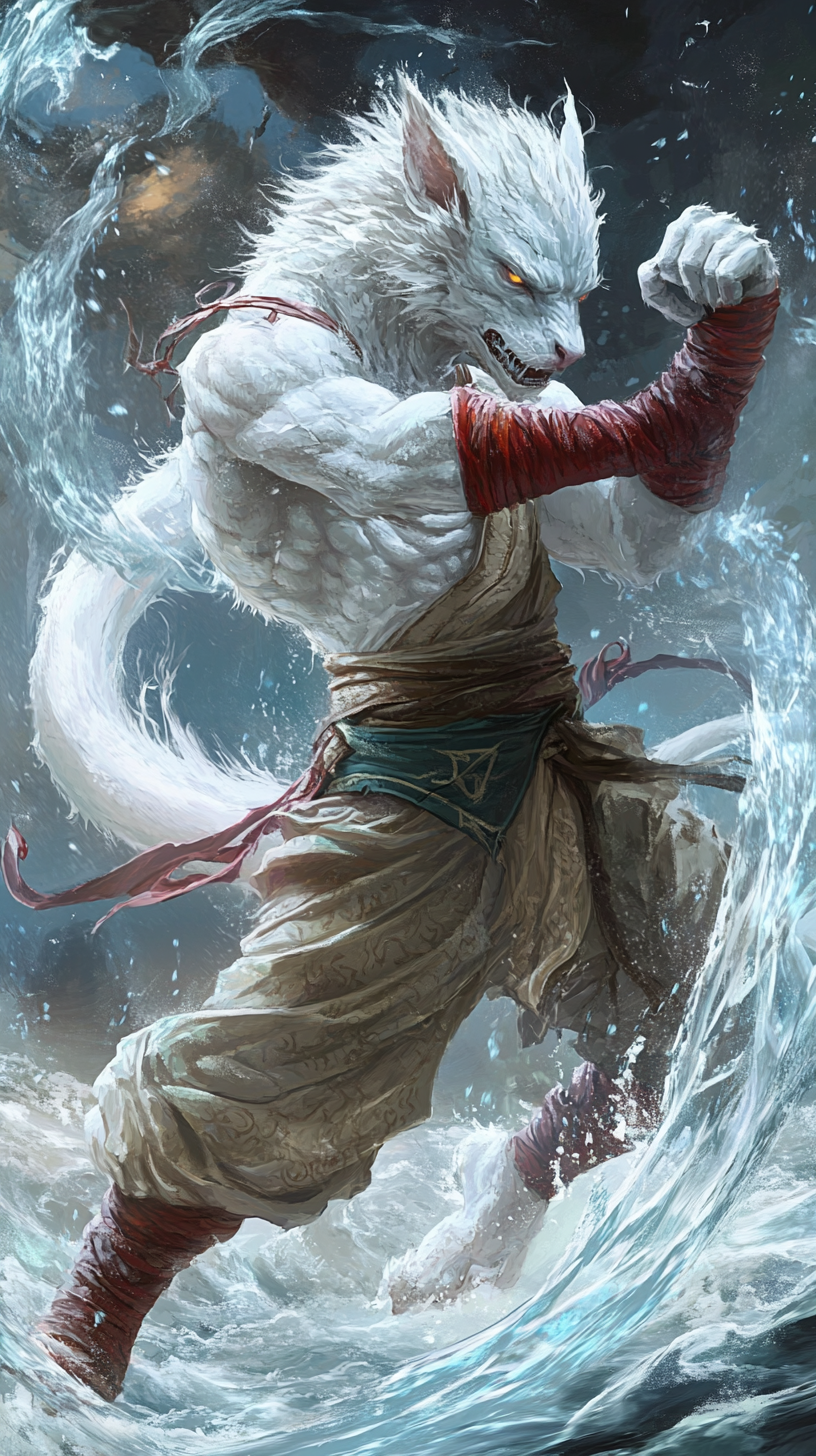 White humanoid dragon monk in boxer pose with ice swirling around