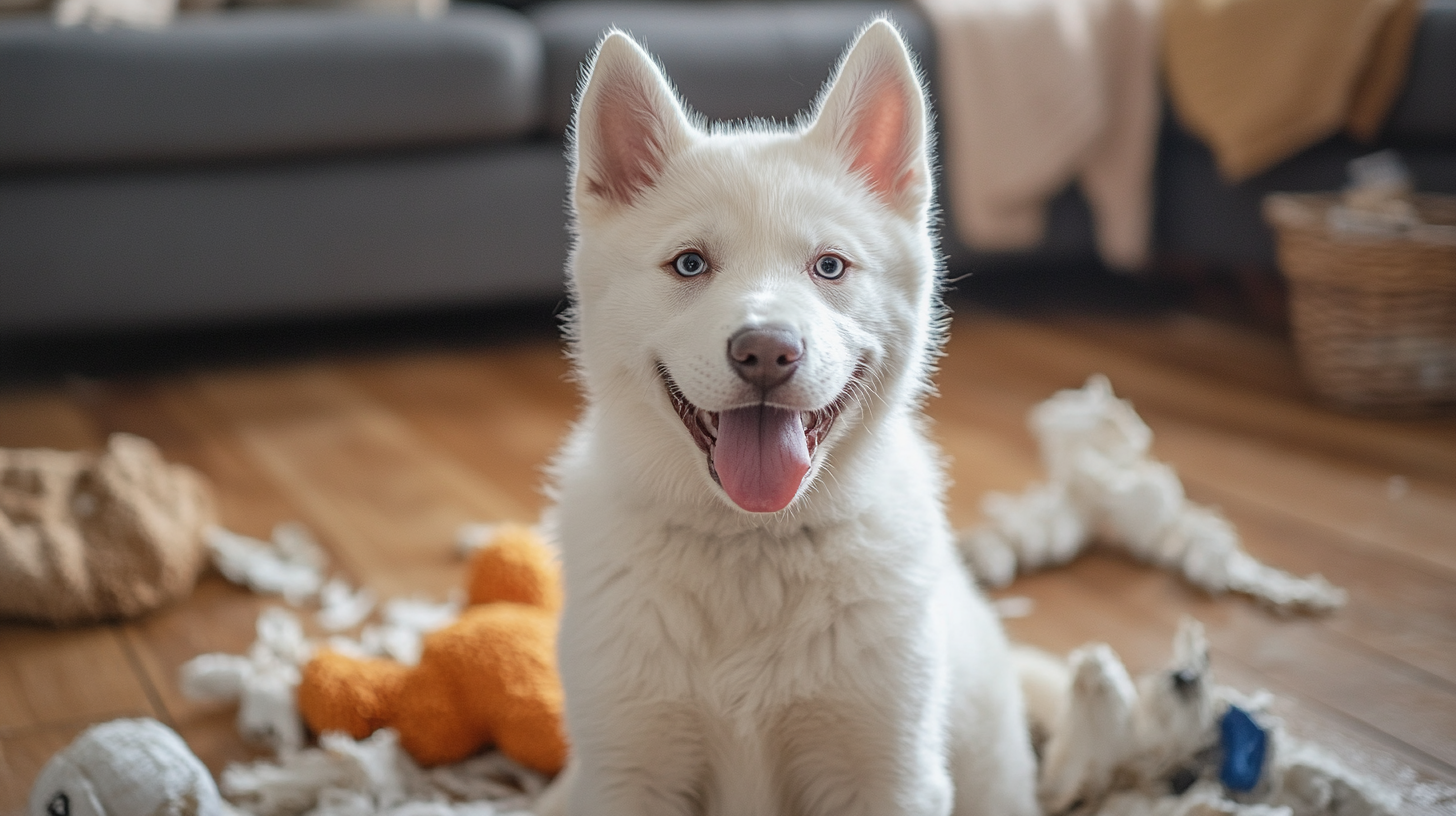 White husky pup smiling at camera near torn toys.