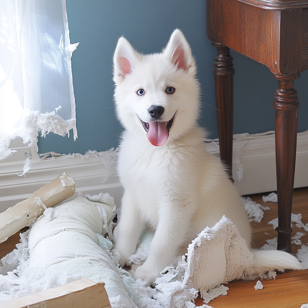 White husky puppy, tongue sticking out, smiling cutely.