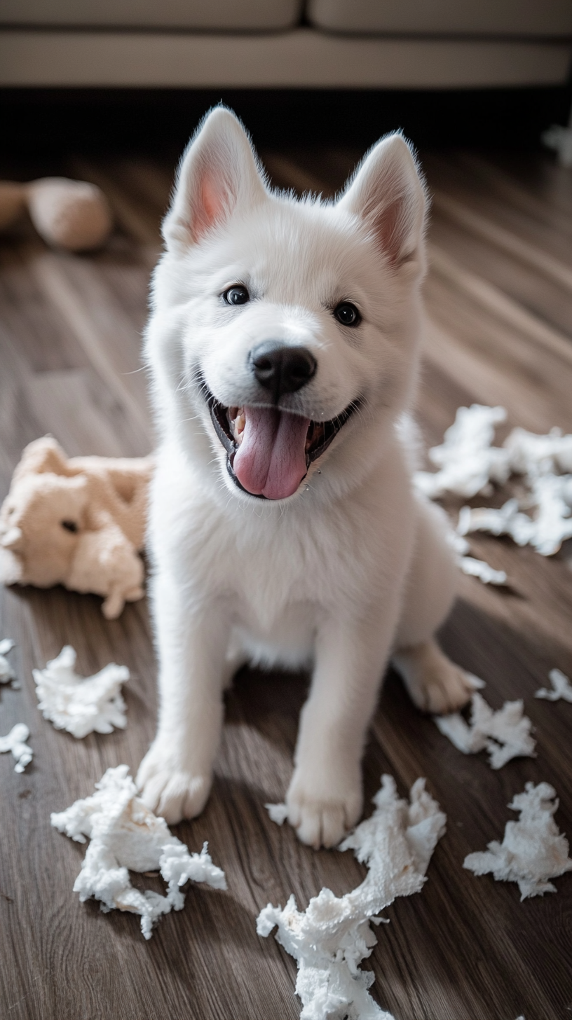 White husky puppy sitting next to torn dog toys.