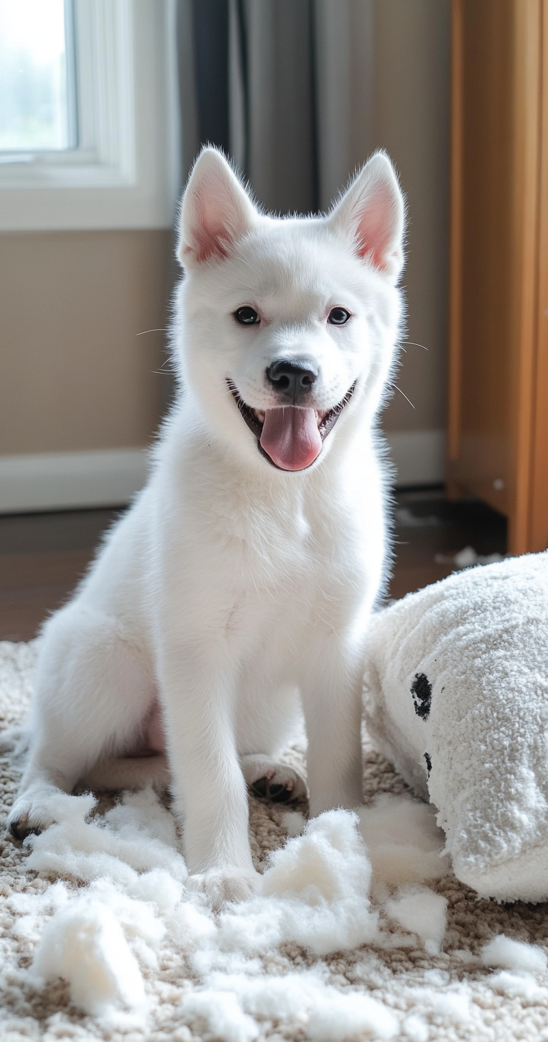 White husky puppy smiling at camera, sitting creatively.