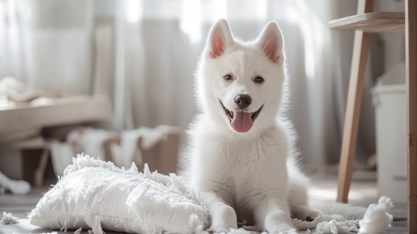 White husky puppy with tongue out, near chewed items.