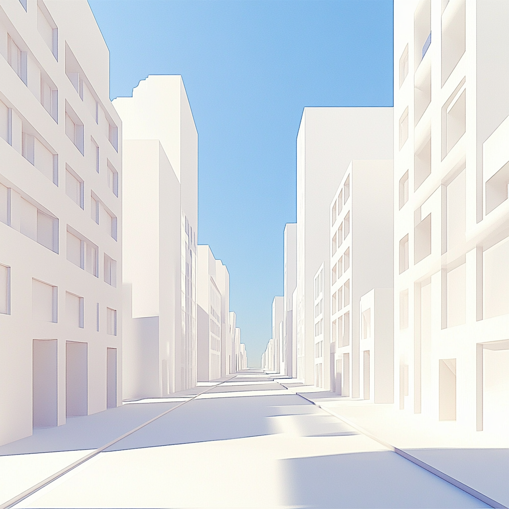 White isometric city street with cubical buildings view.