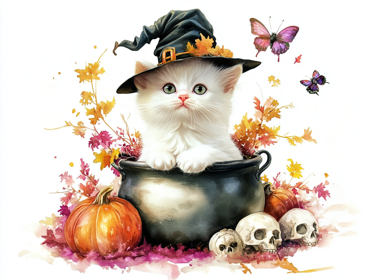 White kitten in witch hat in cauldron with Halloween clipart.