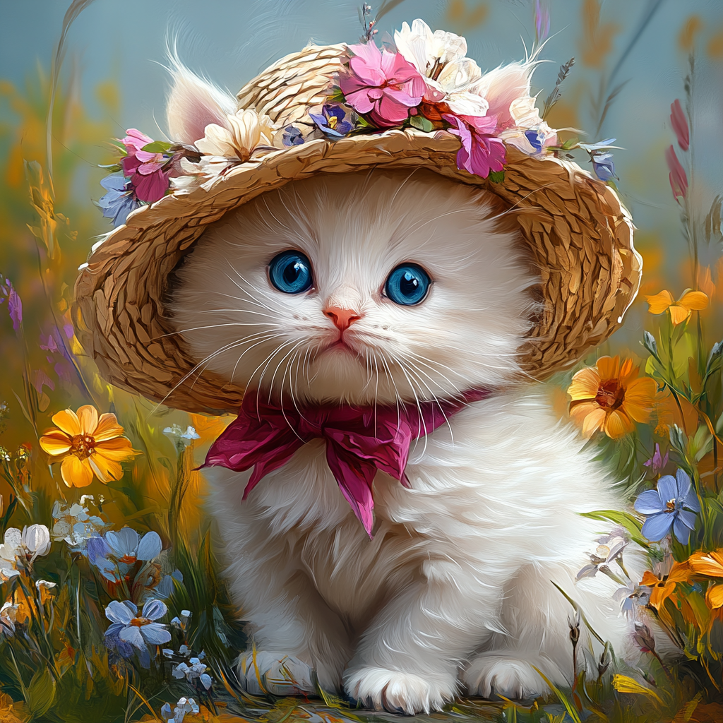 White kitten with floral hat, serenity in elegant lines.