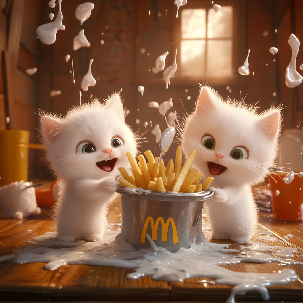 White kittens' mishap with McDonald's fries and Ice-cream