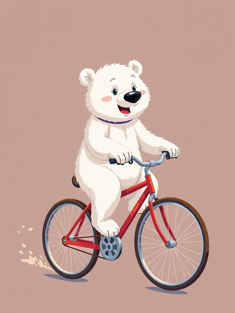 White lazy bear riding colorful bicycle in 2D.