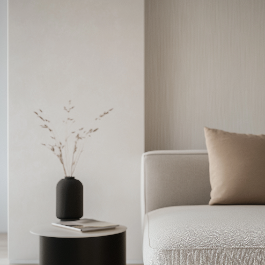 White living room wall with centered wallpaper showcase. Sofa, table with minimalistic object slightly visible.