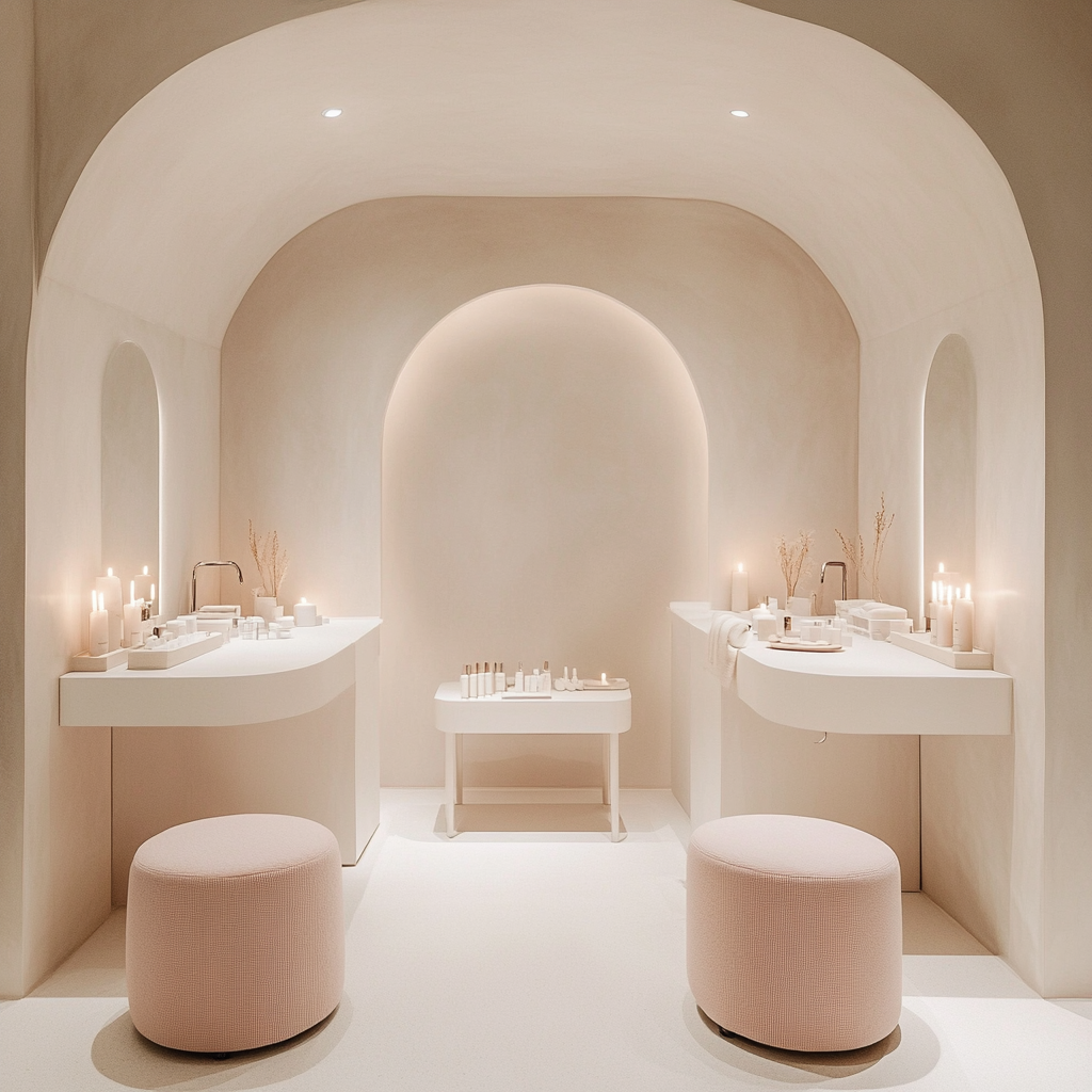 White minimalist spa room with nail vanity tables.