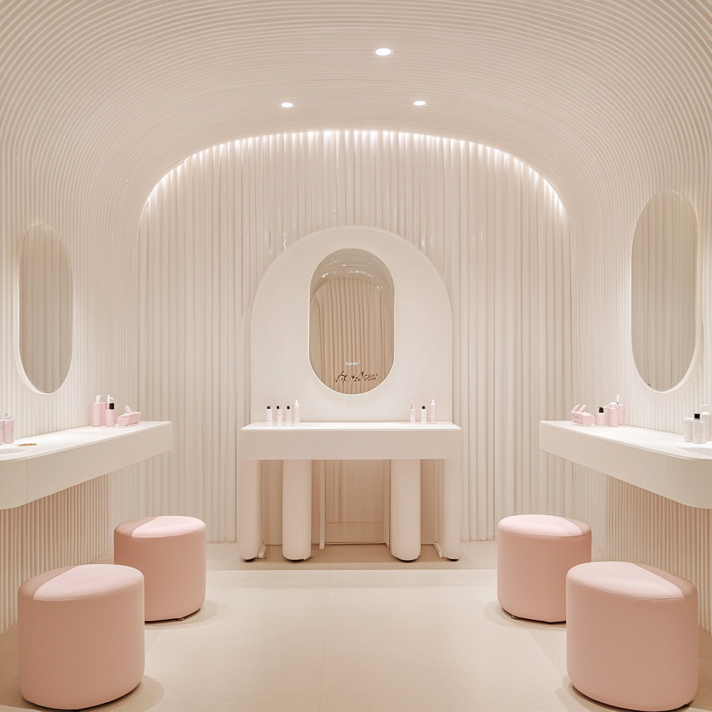 White minimalist spa room with two white nail tables.