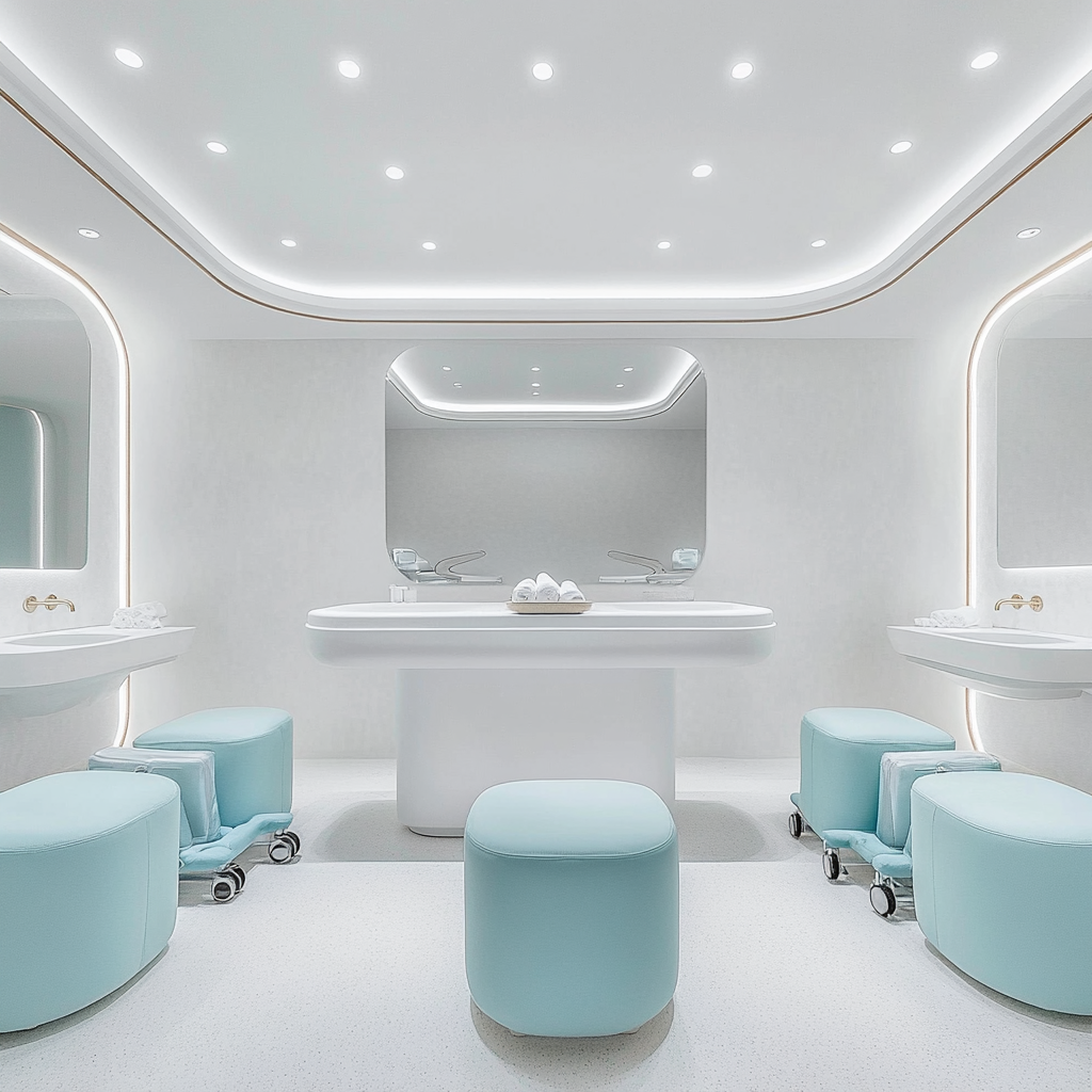 White minimalist spa room with white nail tables.