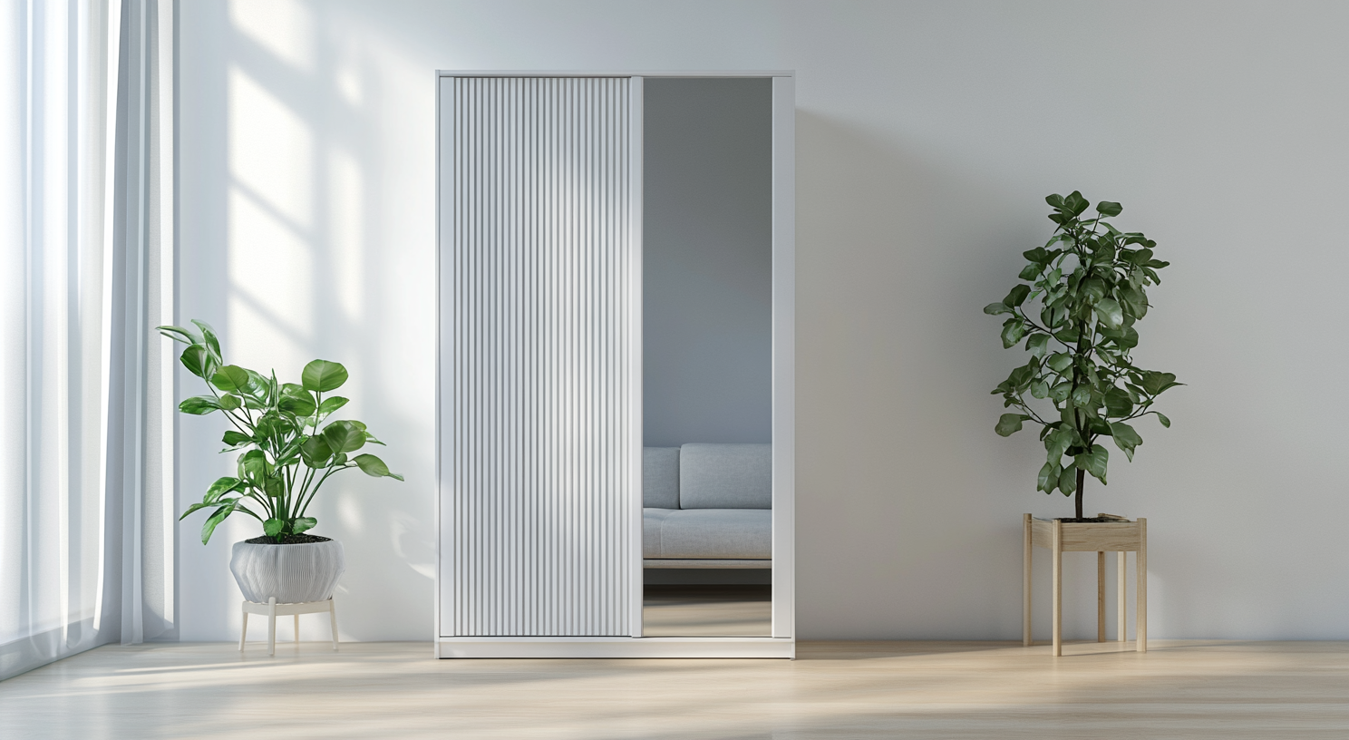 White modern wardrobe with slats, mirror, plant stand.