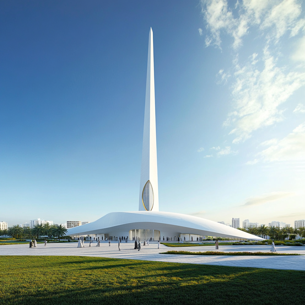 White mosque, obelisk, grassy field, people walking, blue sky.