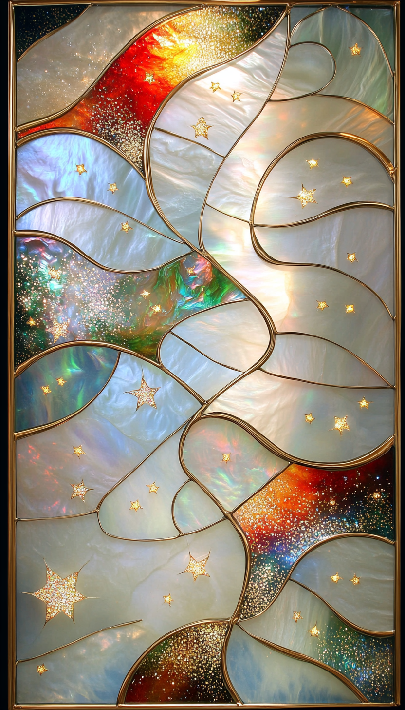 White mother of pearl wavy pattern stained glass.