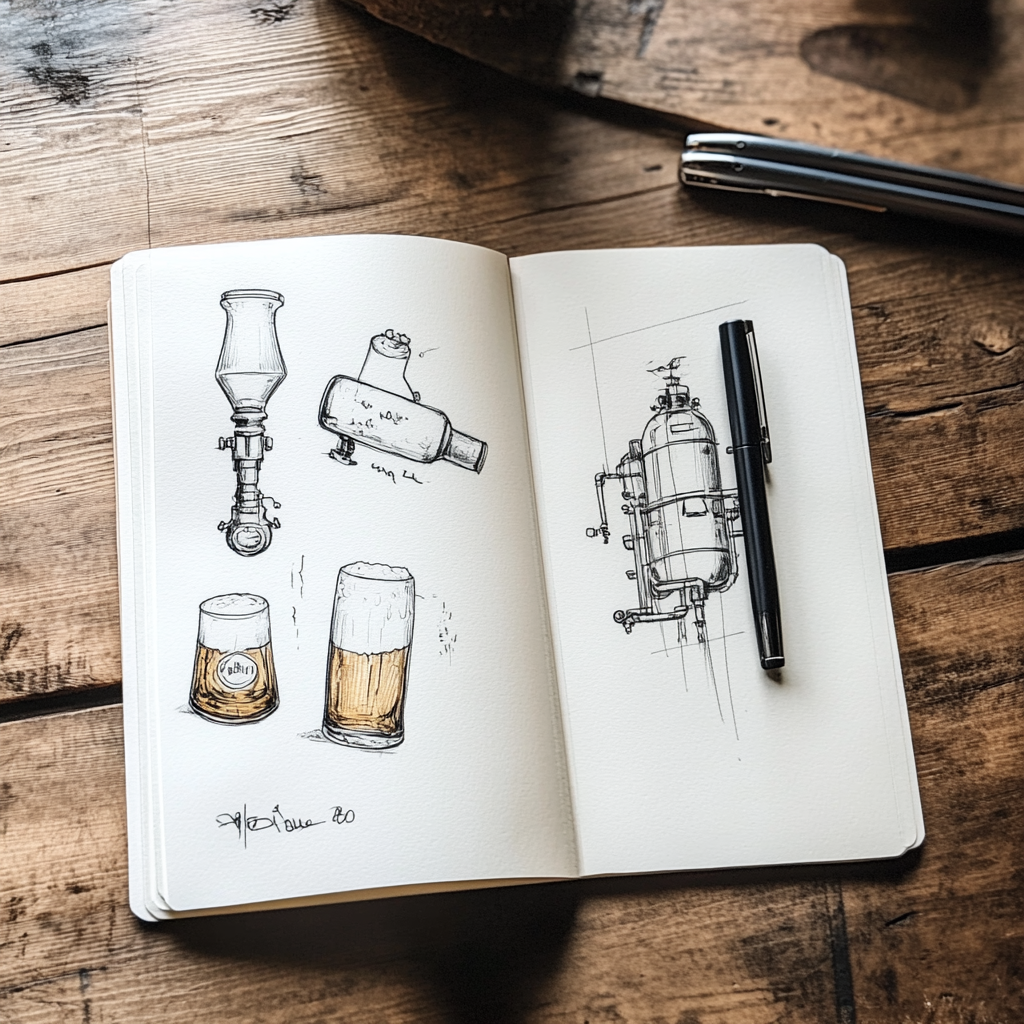 White paper with handmade drawings: guided tour, brewing, party, beer tap, beer tankers.