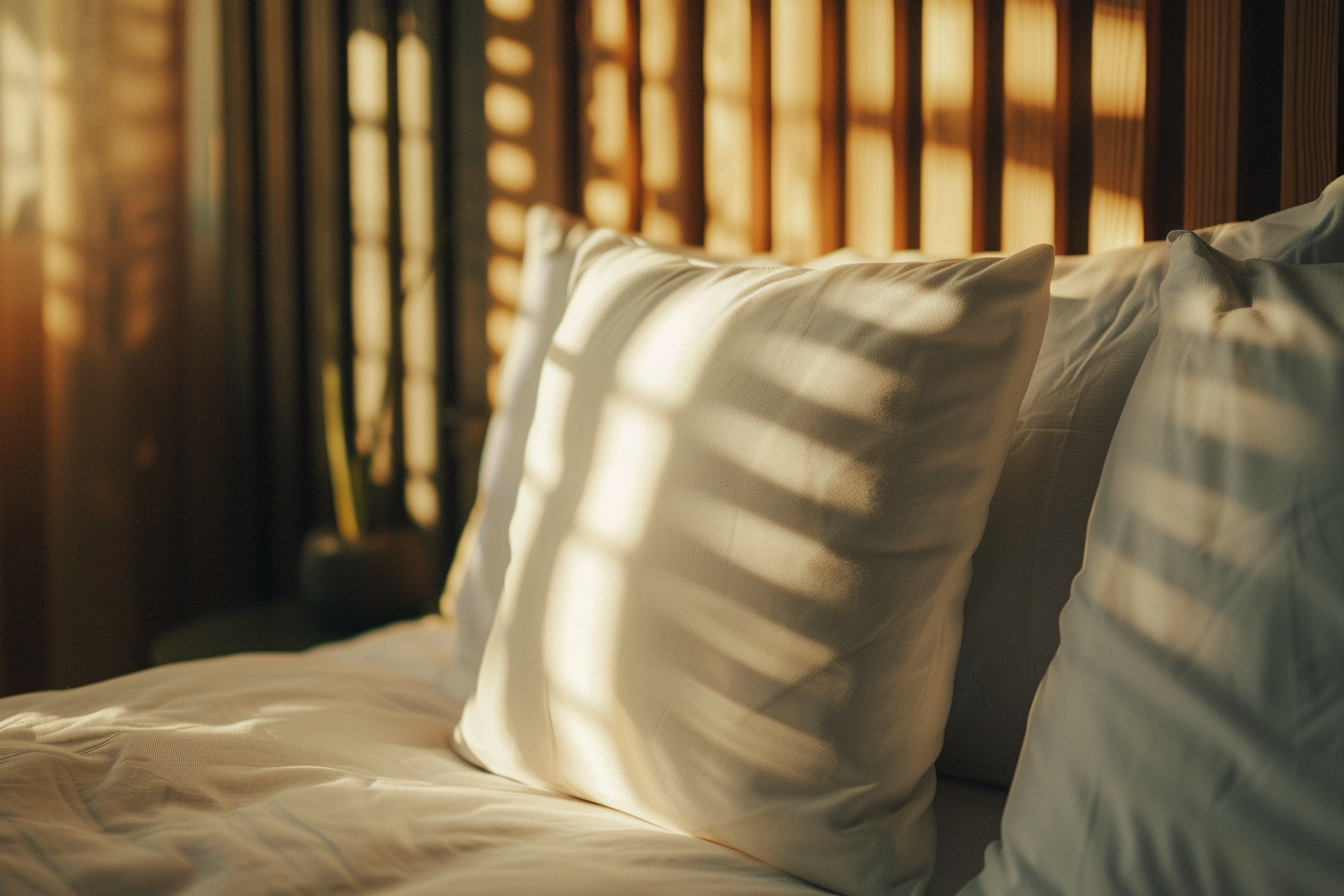 White pillow on neatly made hotel bed illuminated softly