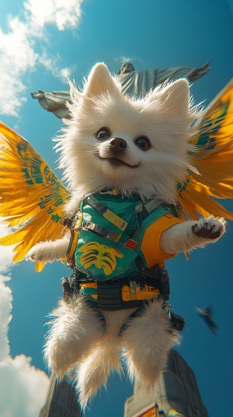 White pomeranian superhero soaring by Christ the Redeemer