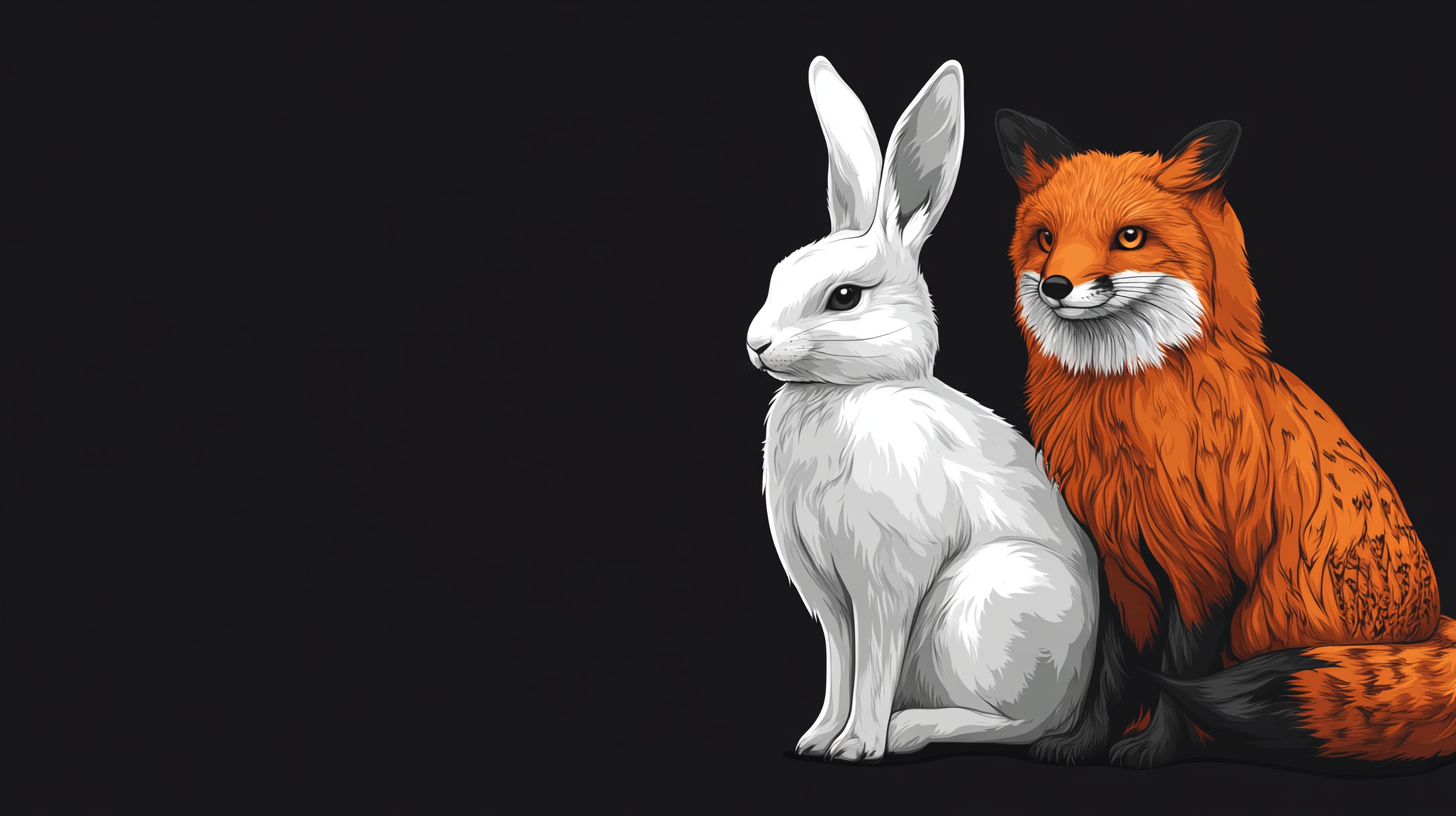 White rabbit, orange fox, and owl in black and white.