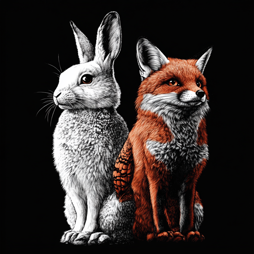 White rabbit, orange fox, owl in classic cartoon style.