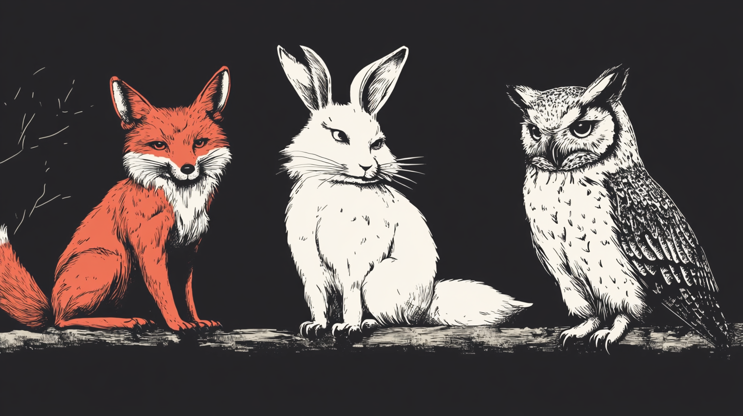 White rabbit, orange fox and owl on right side.