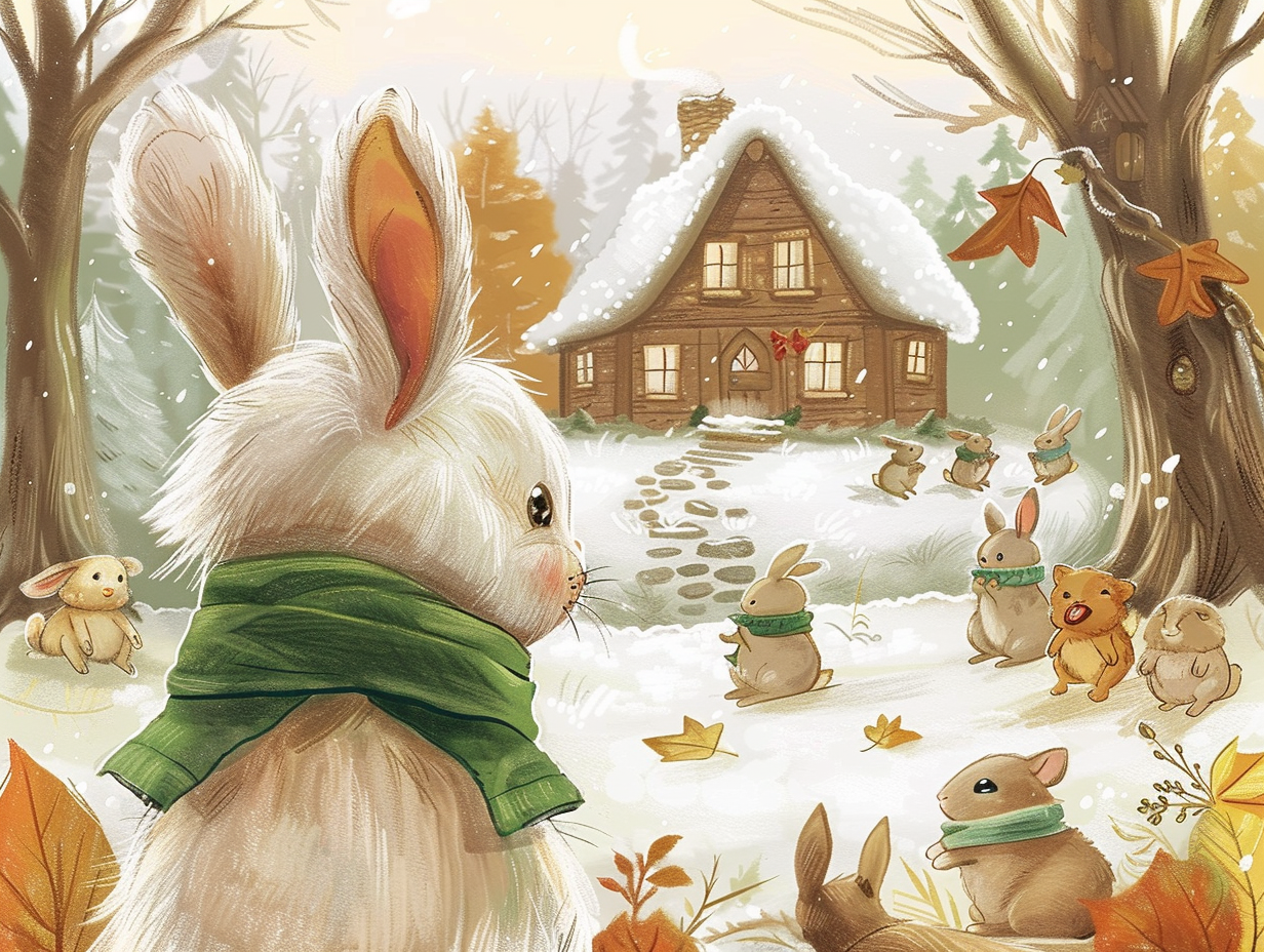 White rabbit in green scarf in forest with animals.