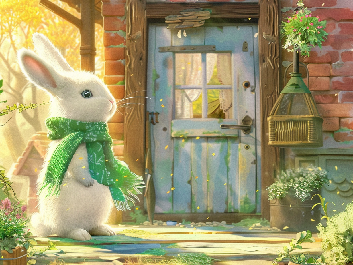 White rabbit in green scarf looking at new house.