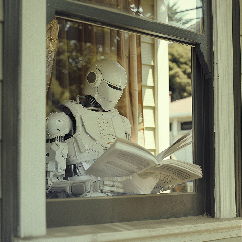 White robot reading papers in San Francisco home.