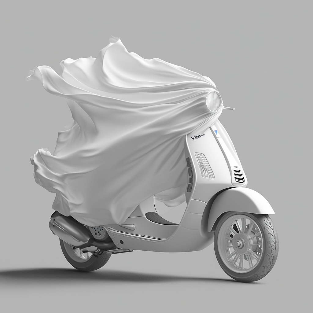 White sheet covers Vespa motorbike in windblown image