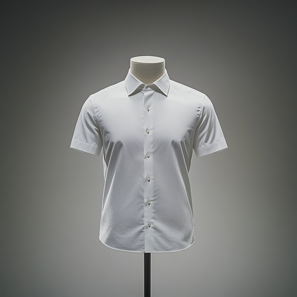 White short-sleeved shirt on mannequin, elegant display.