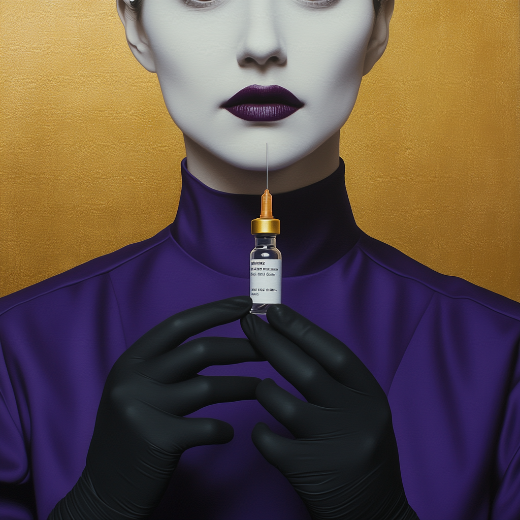 White skin nurse in dark purple scrub holding botox.