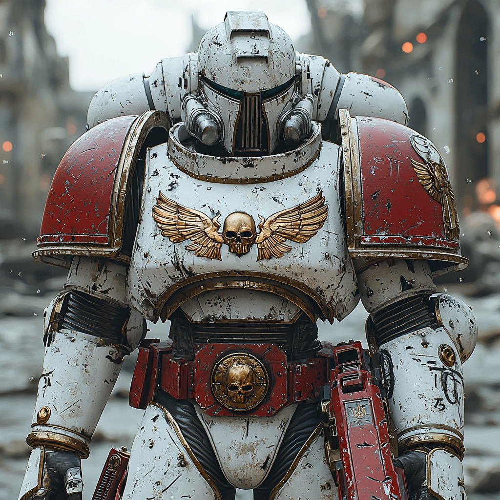 White space marine with red shoulder plates, armed.