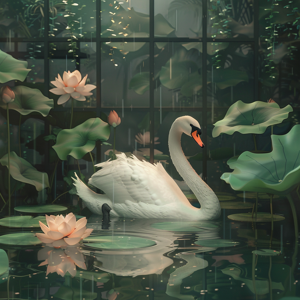 White swan in pool with lotus, calming anime style.