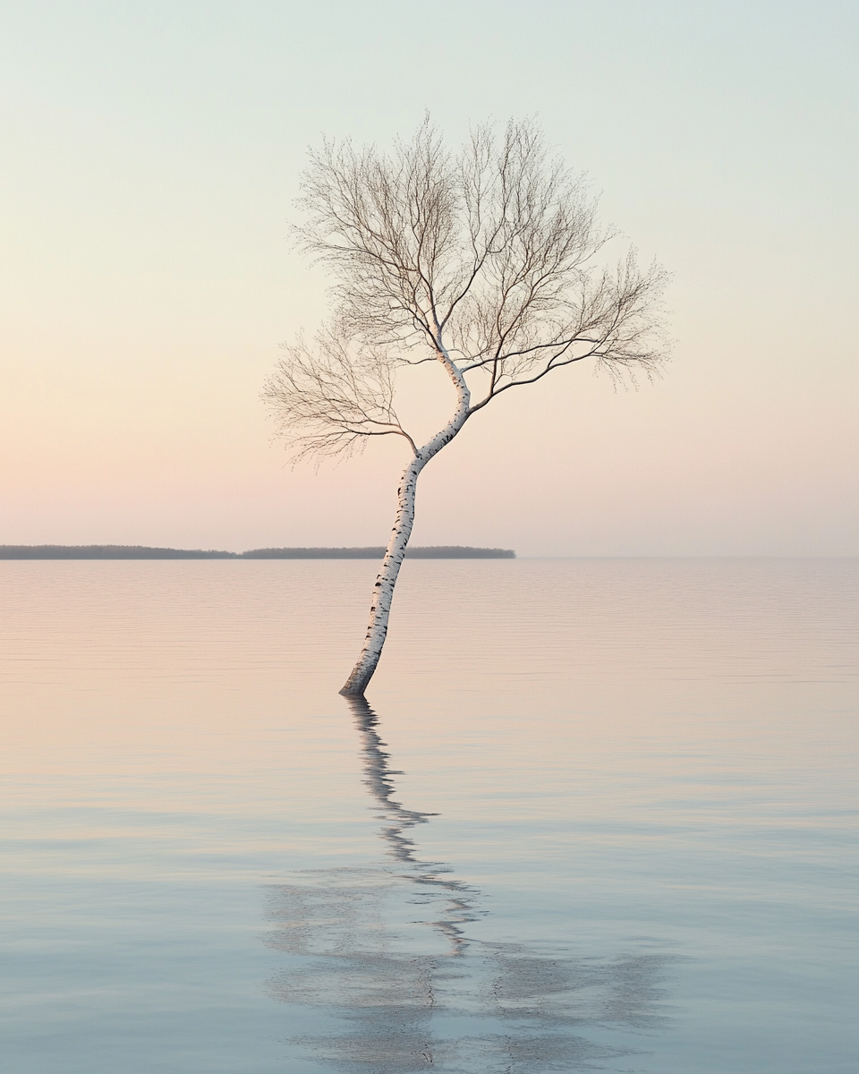 White tree in lake, peaceful sunset setting, elegant solitude.