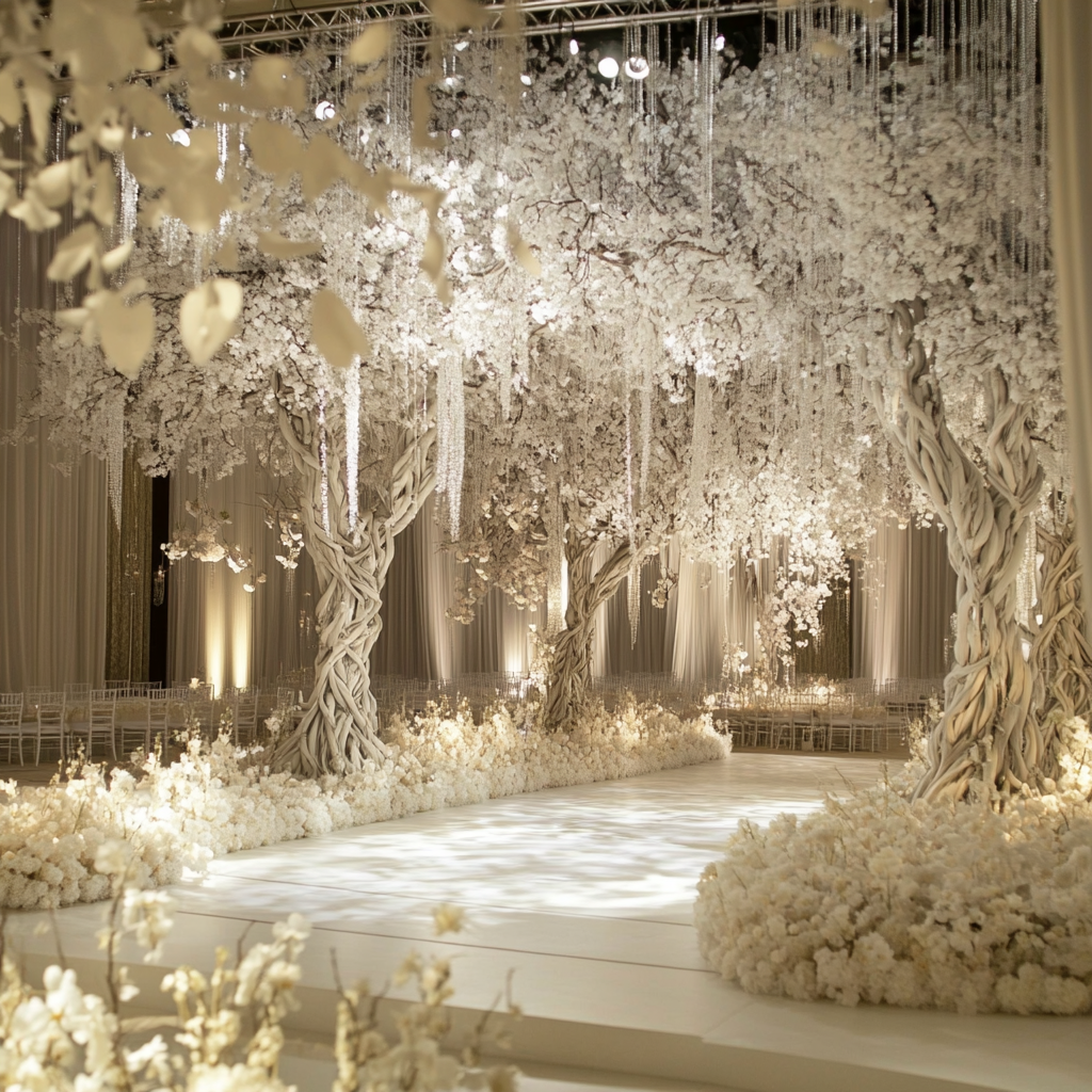 White tree trunks, vine-like leaves, floral arrangements, artificial flowers.