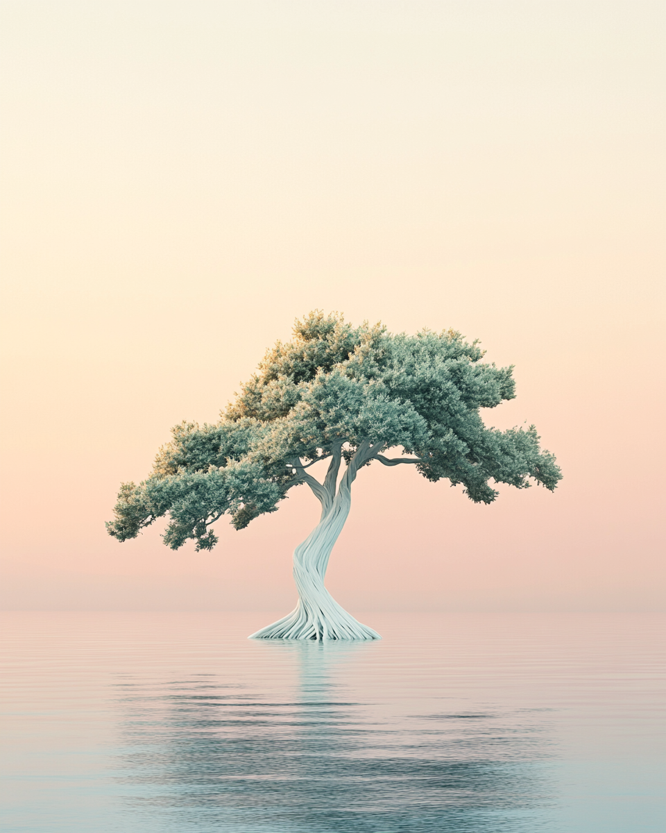 White trunk tree in serene lake at sunset.