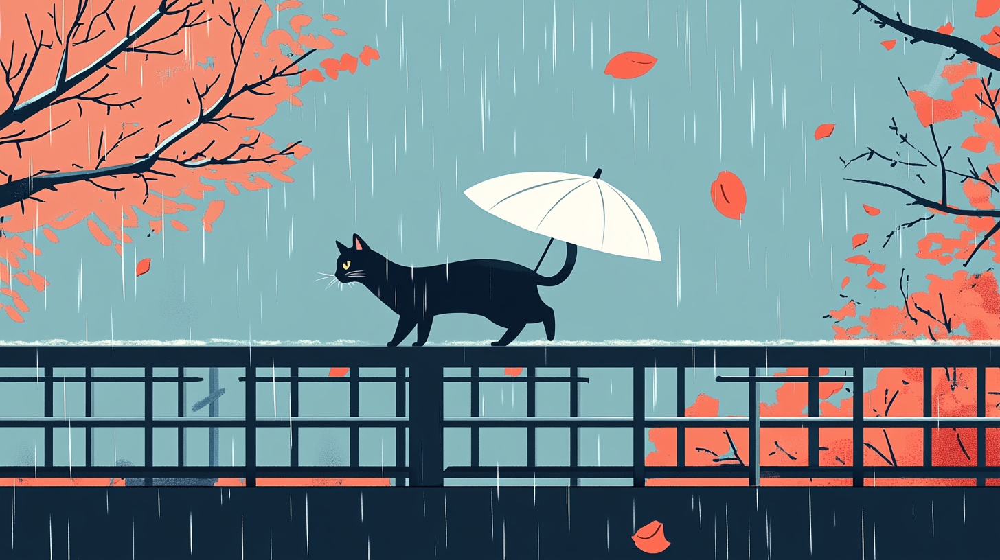 White umbrella, cat walking on bridge in rain.