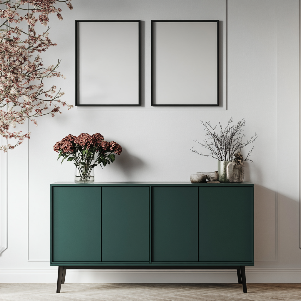 White wall with green cabinet, flower decor, empty frames.