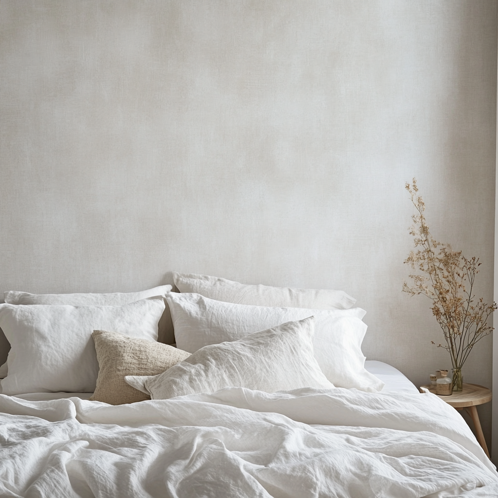 White wallpaper dominates scene with serene minimalist design.