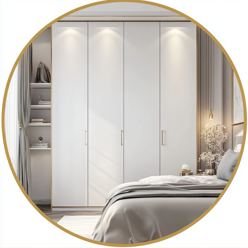 White wardrobe image in modern bedroom with gold frame.