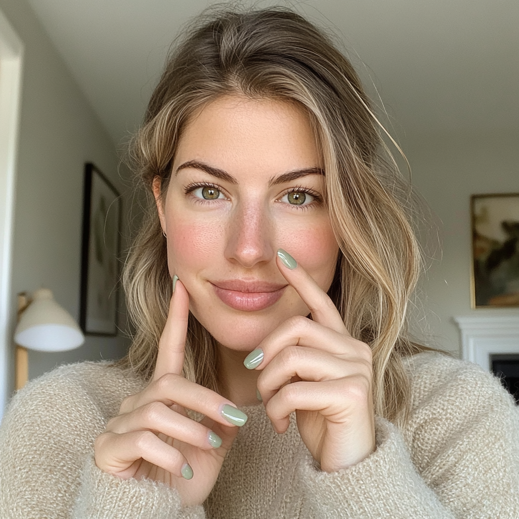 White woman smiles in closeup selfie showing nails.