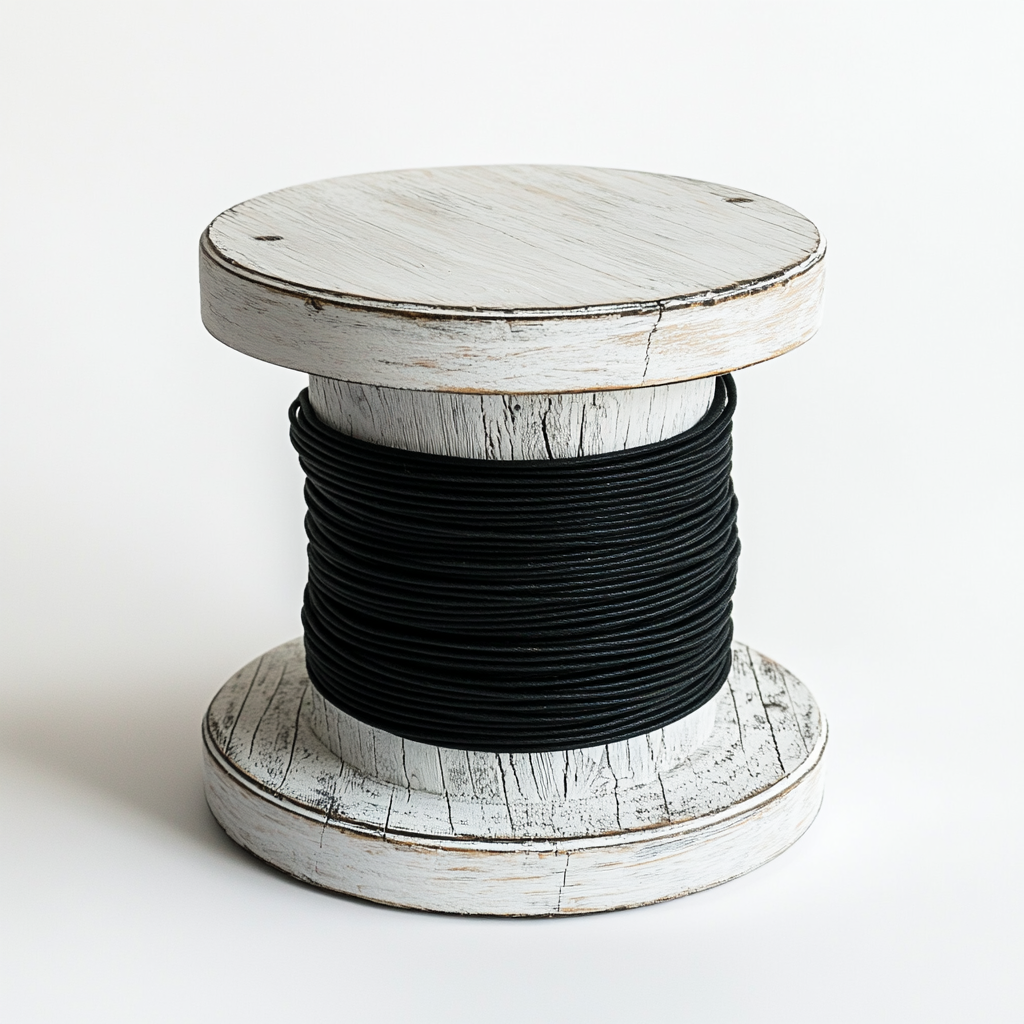 White wooden cable spool wrapped in black cable.