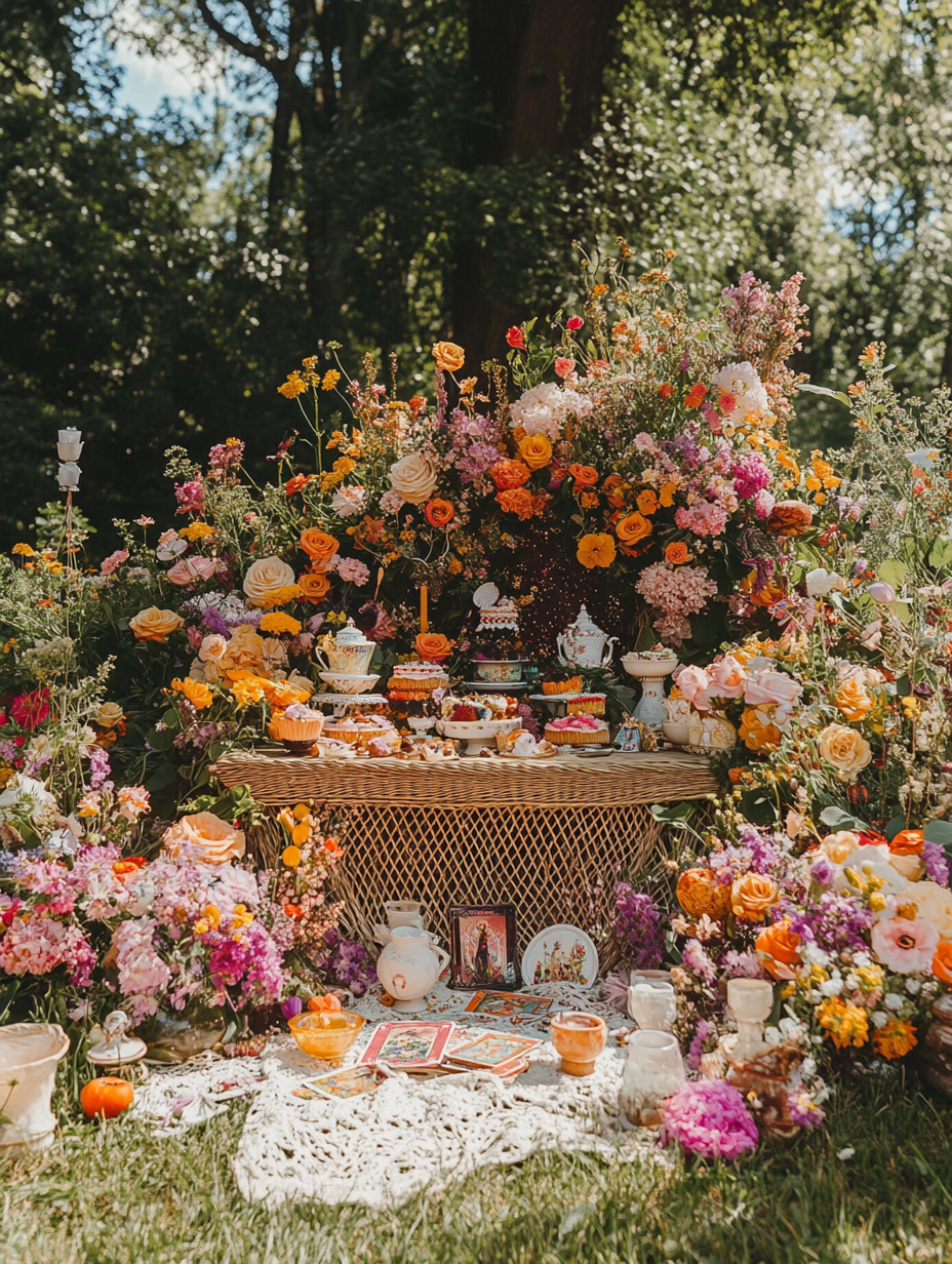 Wicker altar with flowers in city park, sea shells.