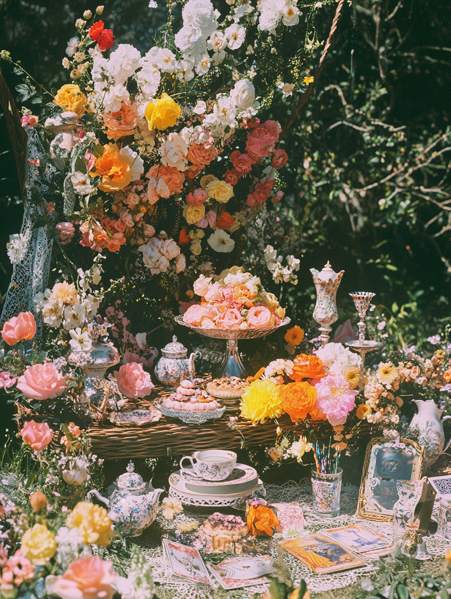 Wicker altar with spring flowers, sea shells and tea party vibe.