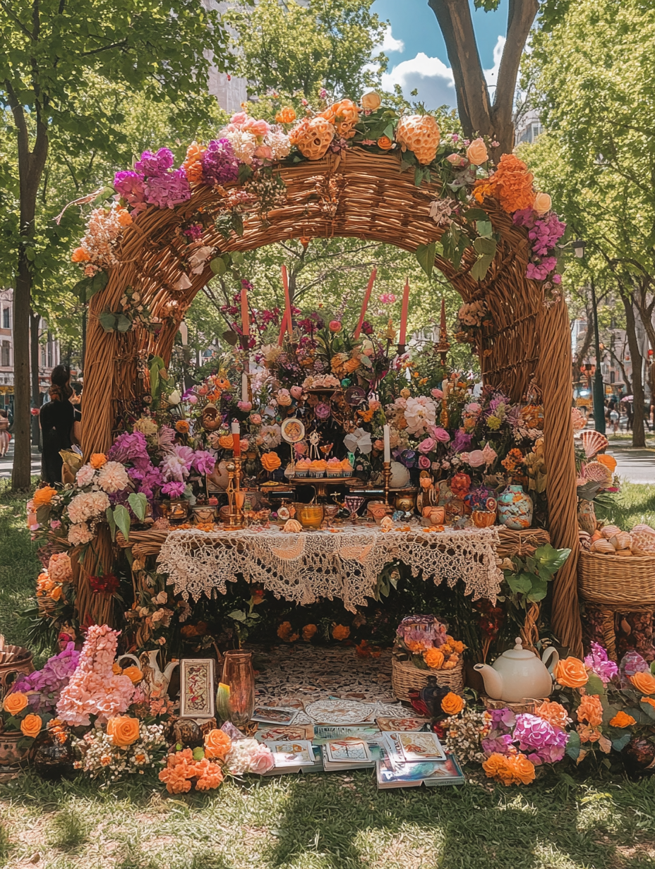 Wicker altar with spring flowers, shells, teapots, candles.